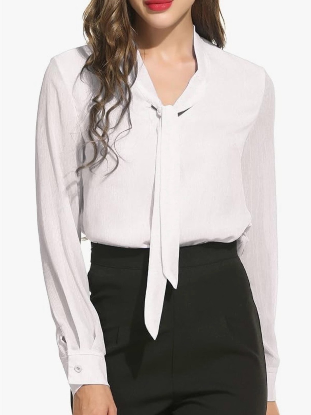 Acevog White V-Neck Tie-Detail Long-Sleeve Blouse